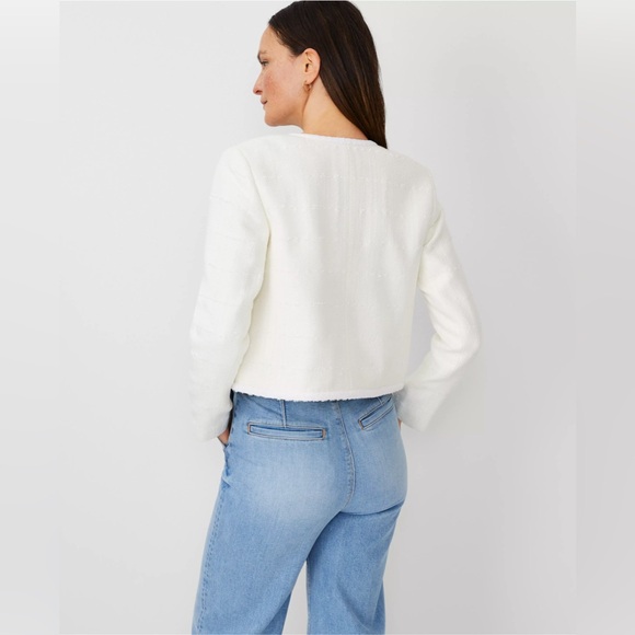 Ann Taylor Tweed Trimmed Patch Pocket Jacket Winter White - Picture 3 of 16